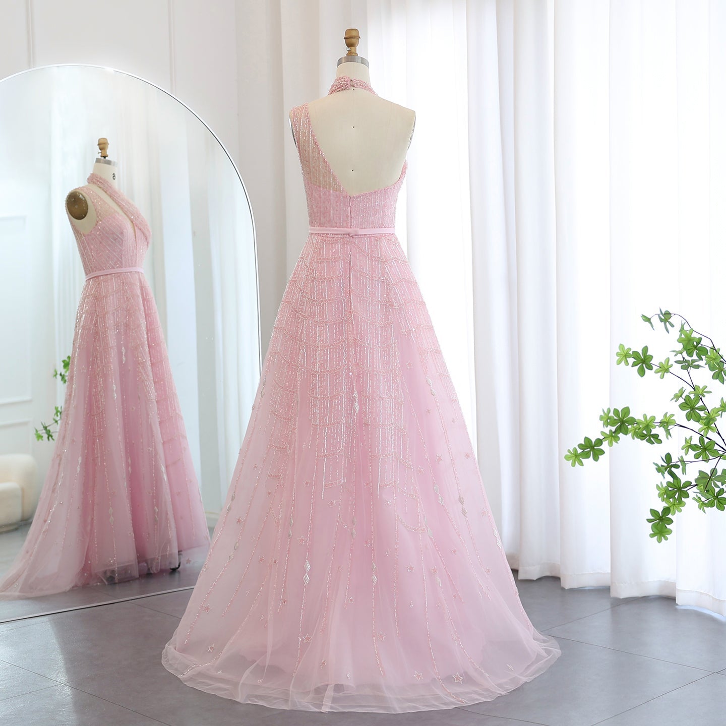 Luxury Beaded Lilac Halter One Shoulder Evening Dress