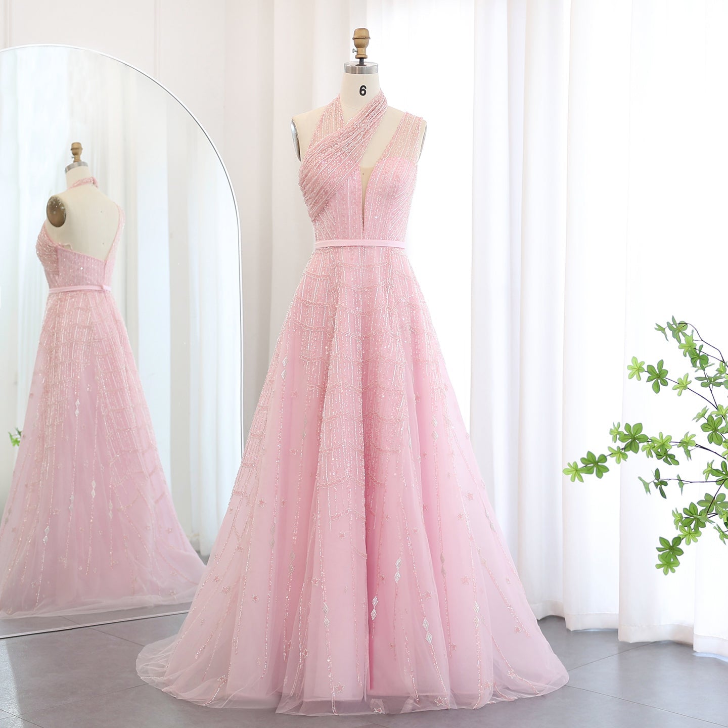 Luxury Beaded Lilac Halter One Shoulder Evening Dress