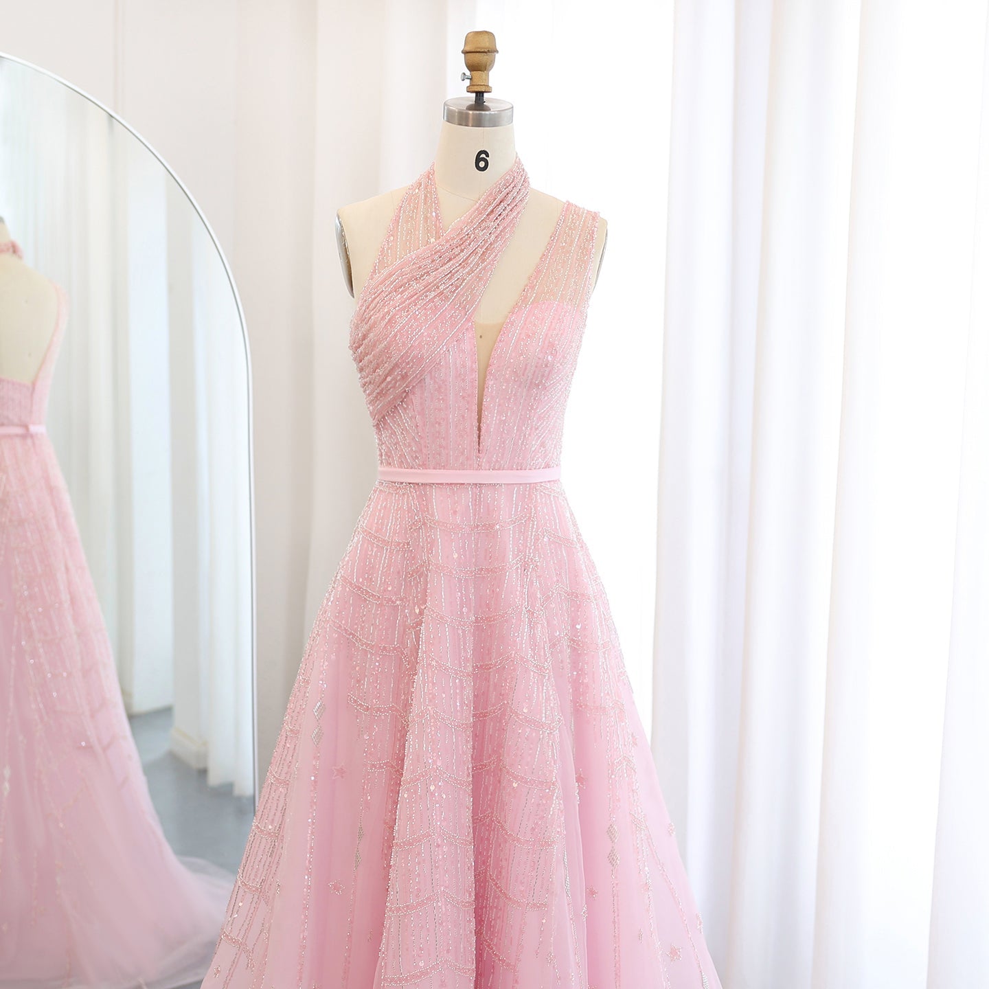 Luxury Beaded Lilac Halter One Shoulder Evening Dress