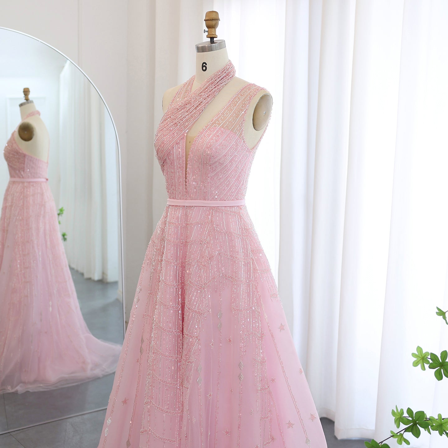 Luxury Beaded Lilac Halter One Shoulder Evening Dress