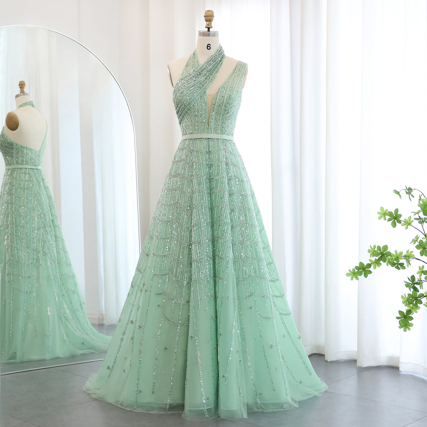 Luxury Beaded Lilac Halter One Shoulder Evening Dress