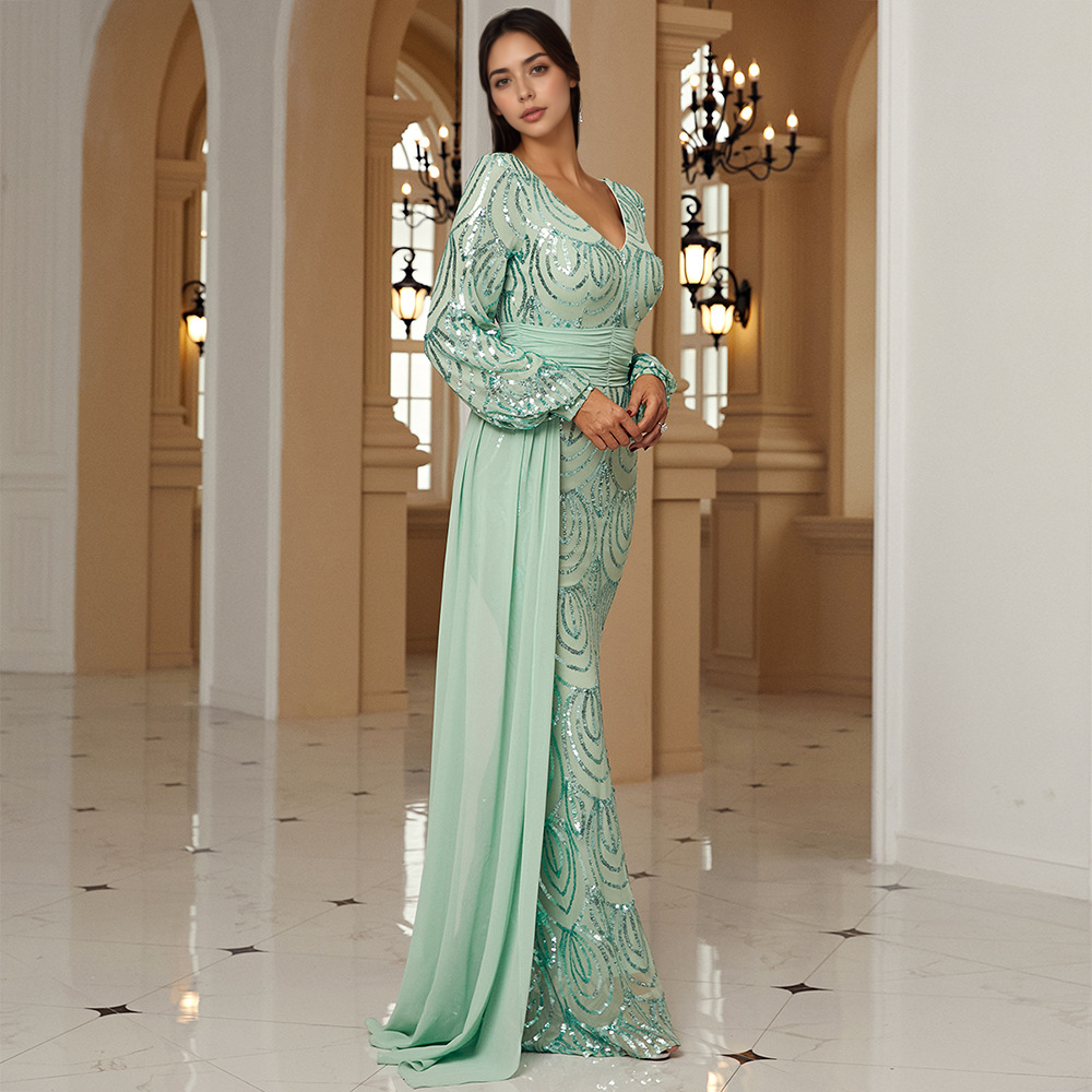 Long Sleeve V-Neck Sequin Prom Dress | Formal Mermaid Gown with Drape