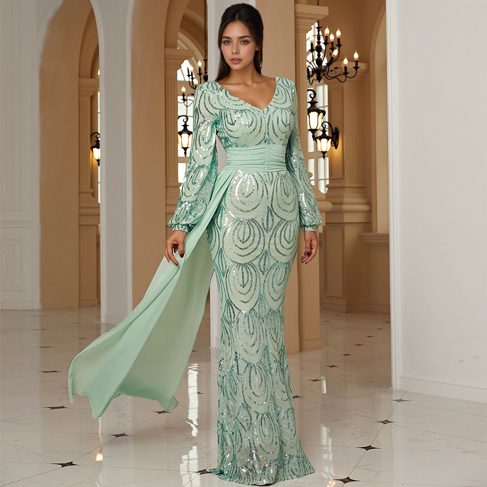 Long Sleeve V-Neck Sequin Prom Dress | Formal Mermaid Gown with Drape