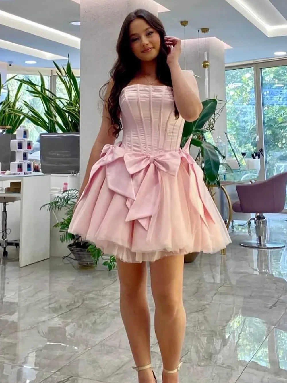Princess Pink Corset Homecoming Dress with Bowknot