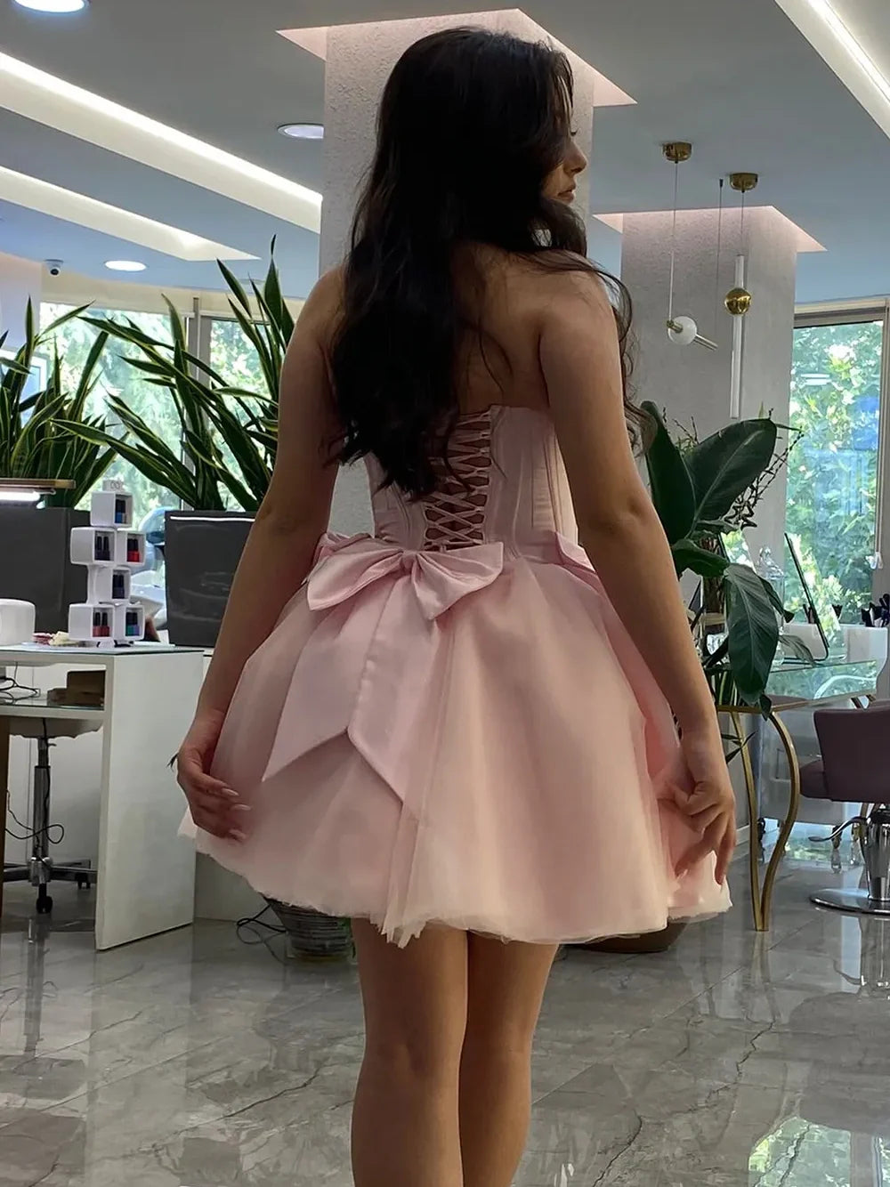 Princess Pink Corset Homecoming Dress with Bowknot