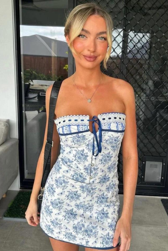 Floral Print Off Shoulder Lace-Up Mini Party Dress