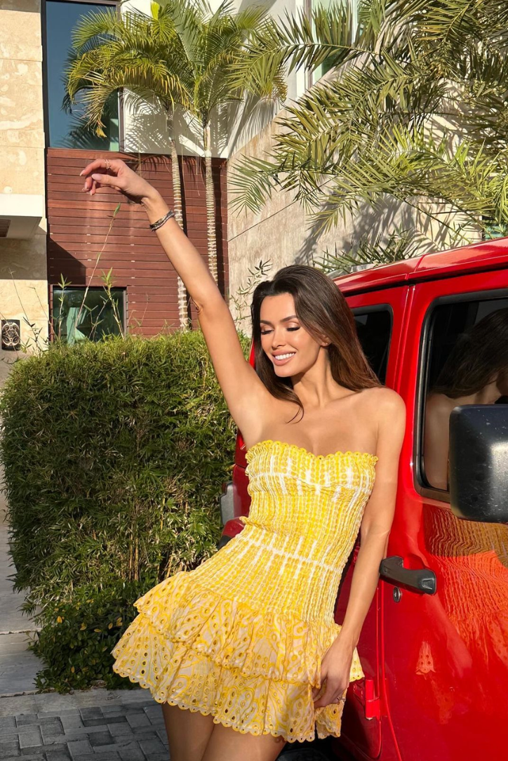 Yellow Casual Summer Strapless Ruffle Mini Dress