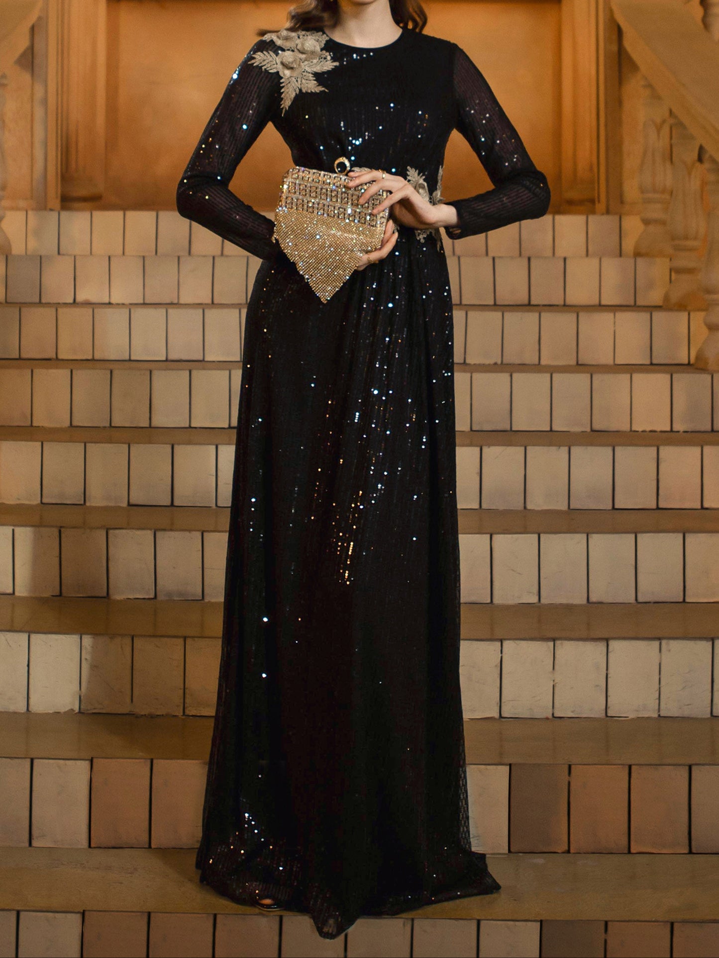 Black Leaf Sequin Long Sleeve Prom Dress