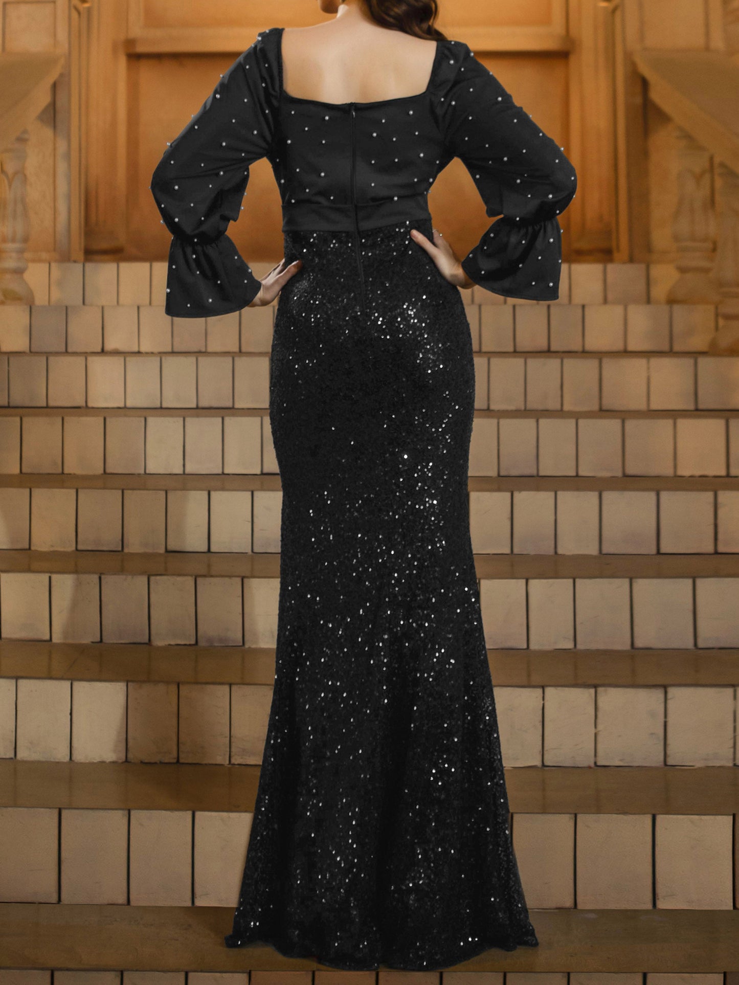 Polka Dots Square Neck Sequin Prom Dress