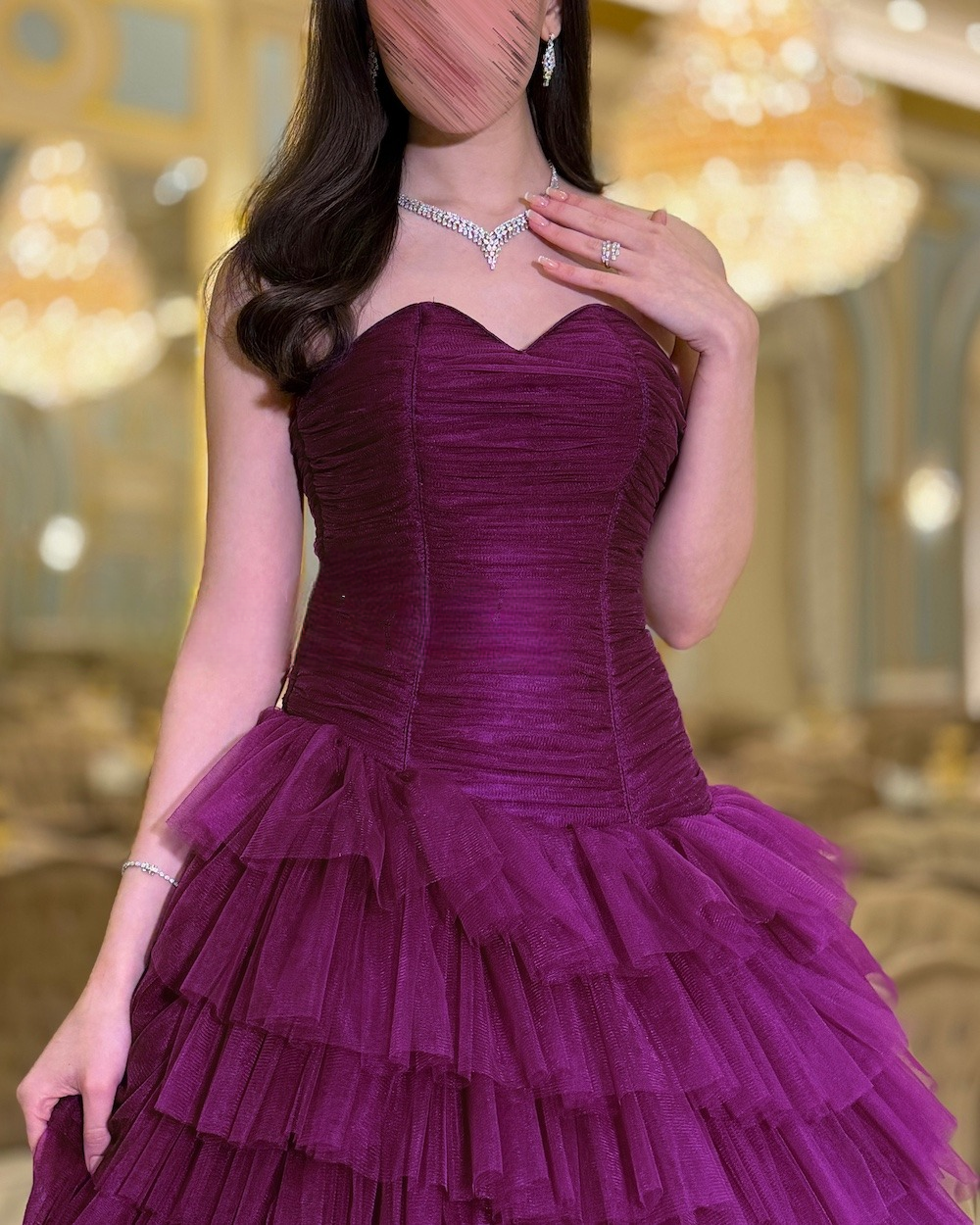 Long purple corset evening dress with tulle layers