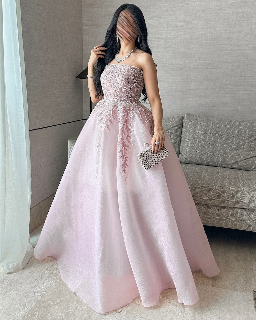 Light pink wide evening dress with leaf patterns