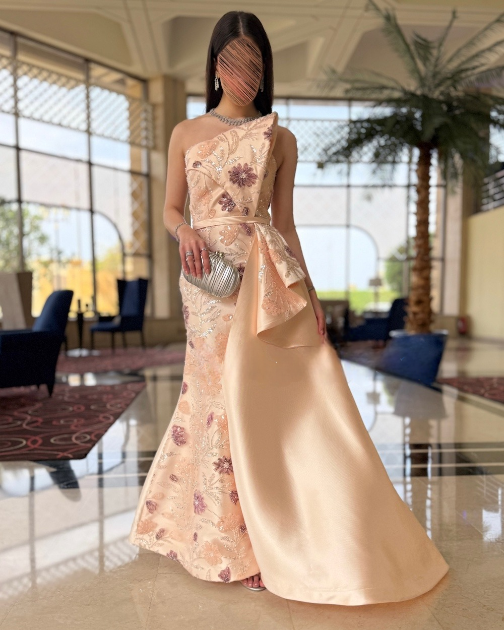 Creamy beige evening dress with side train