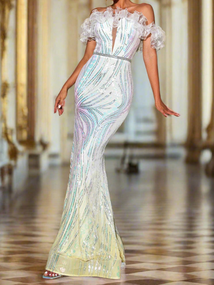 Off Shoulder Gradient Sequin Evening Dress