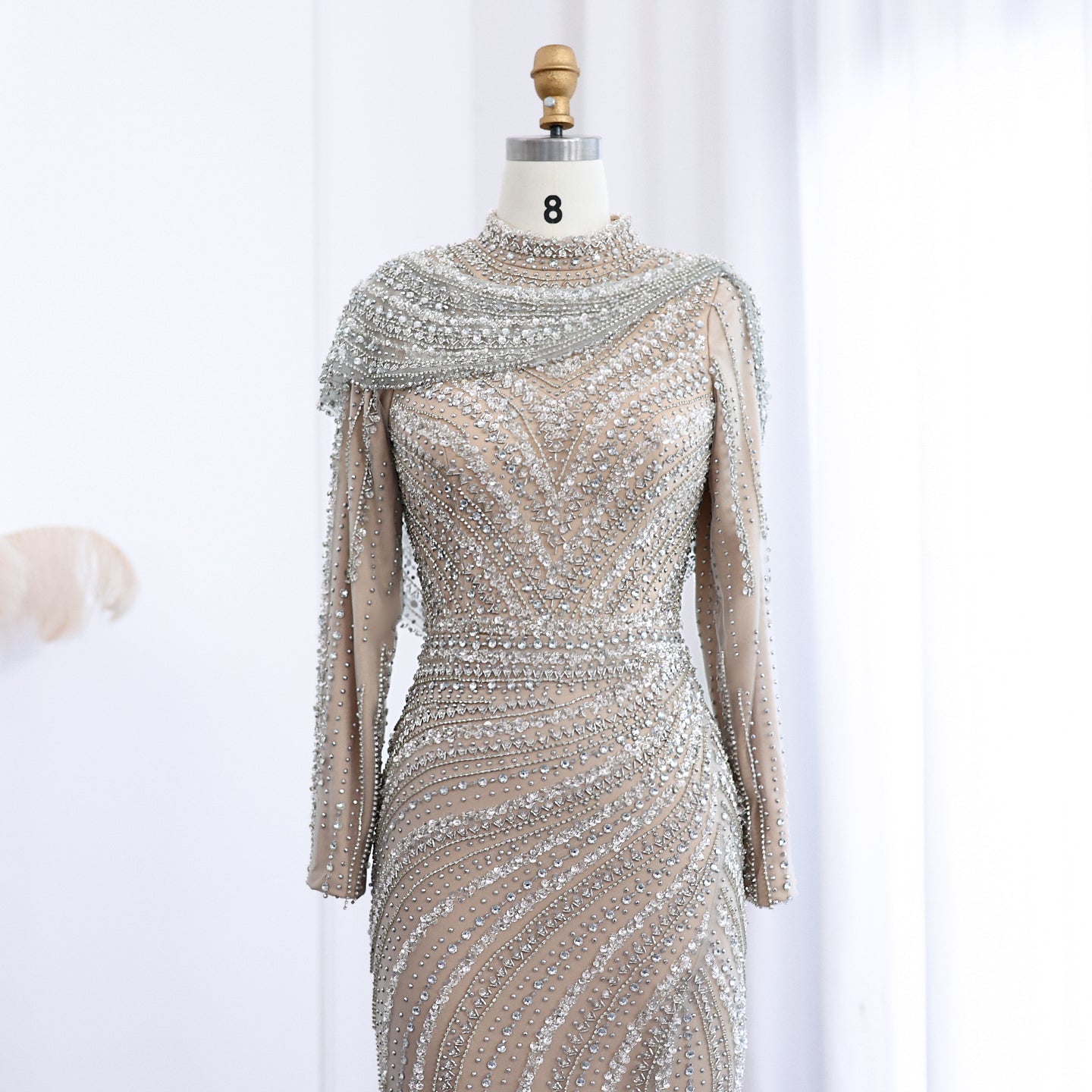 Luxury Beaded Silver Long Sleeves Evening Dress with Cape