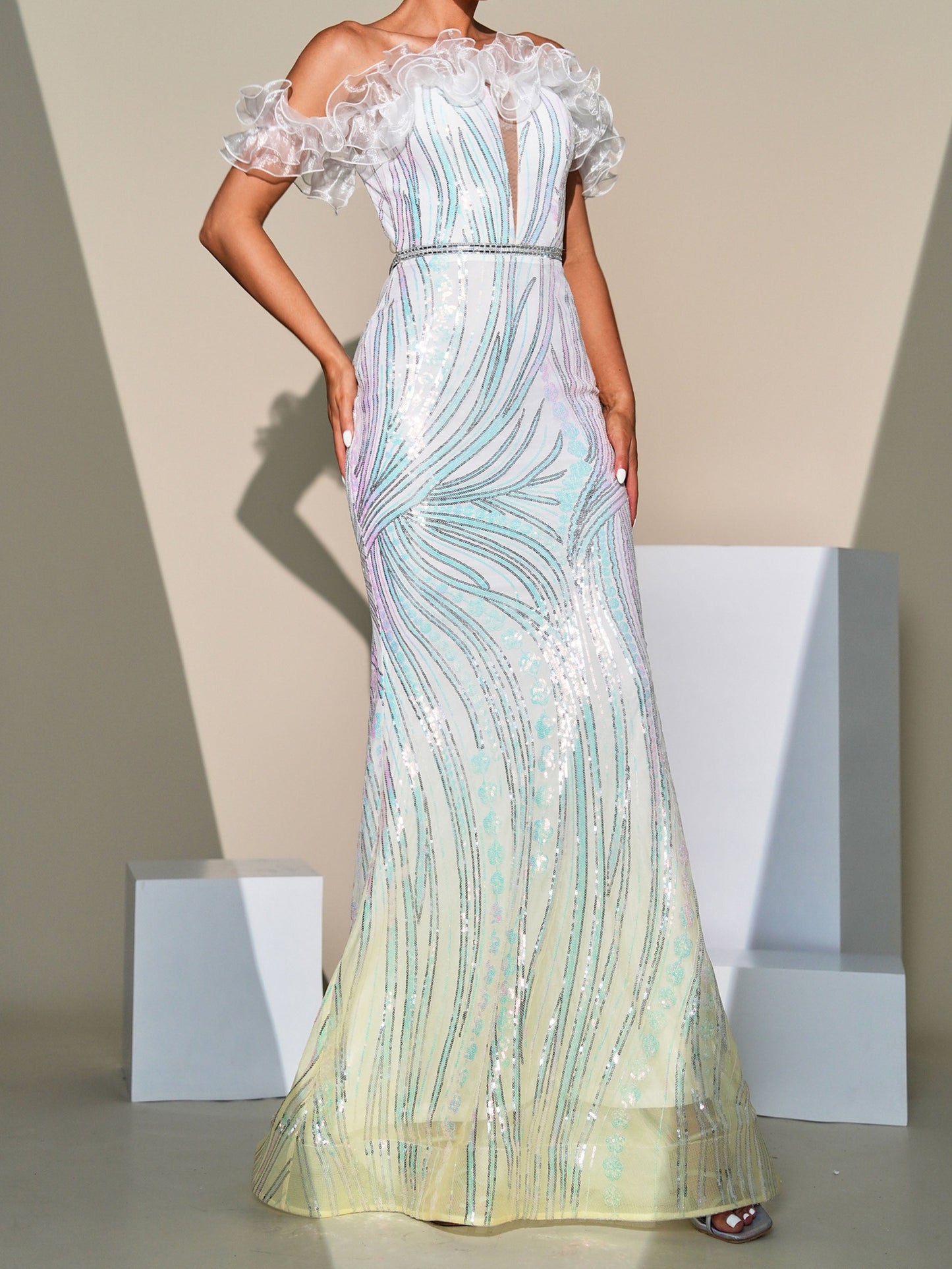 Off Shoulder Gradient Sequin Evening Dress