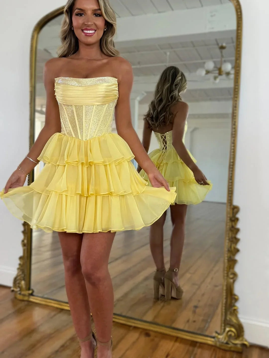 Cute Strapless Homecoming Dress with Ruffles Beading