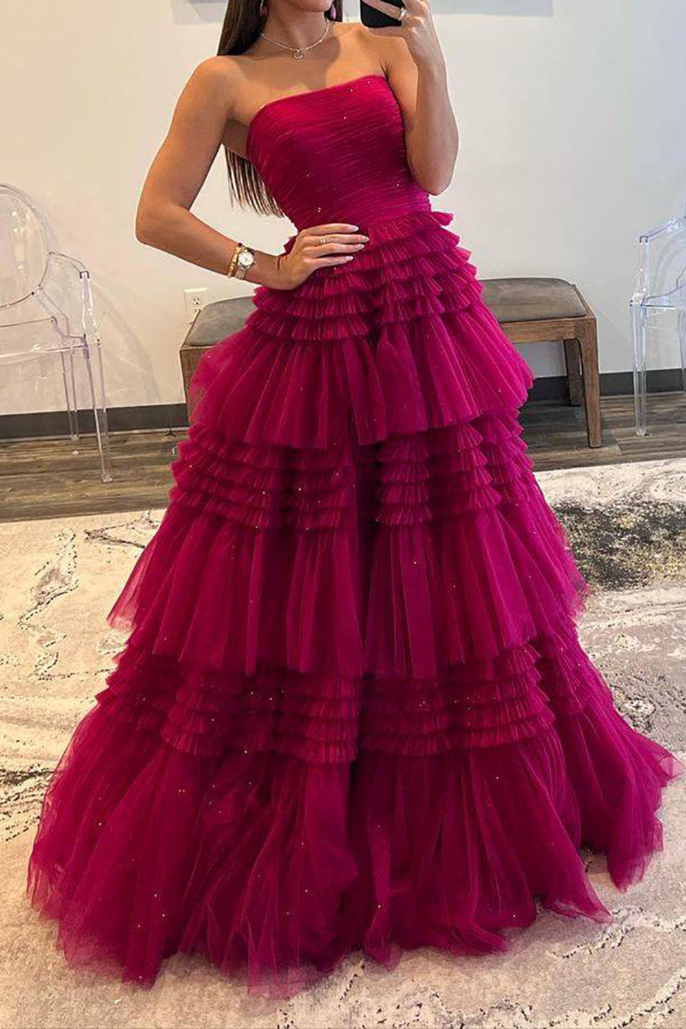 A Line Strapless Long Prom Dress with Ruffles