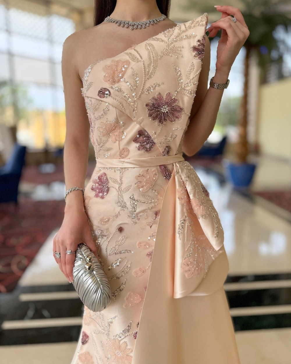 Creamy beige evening dress with side train