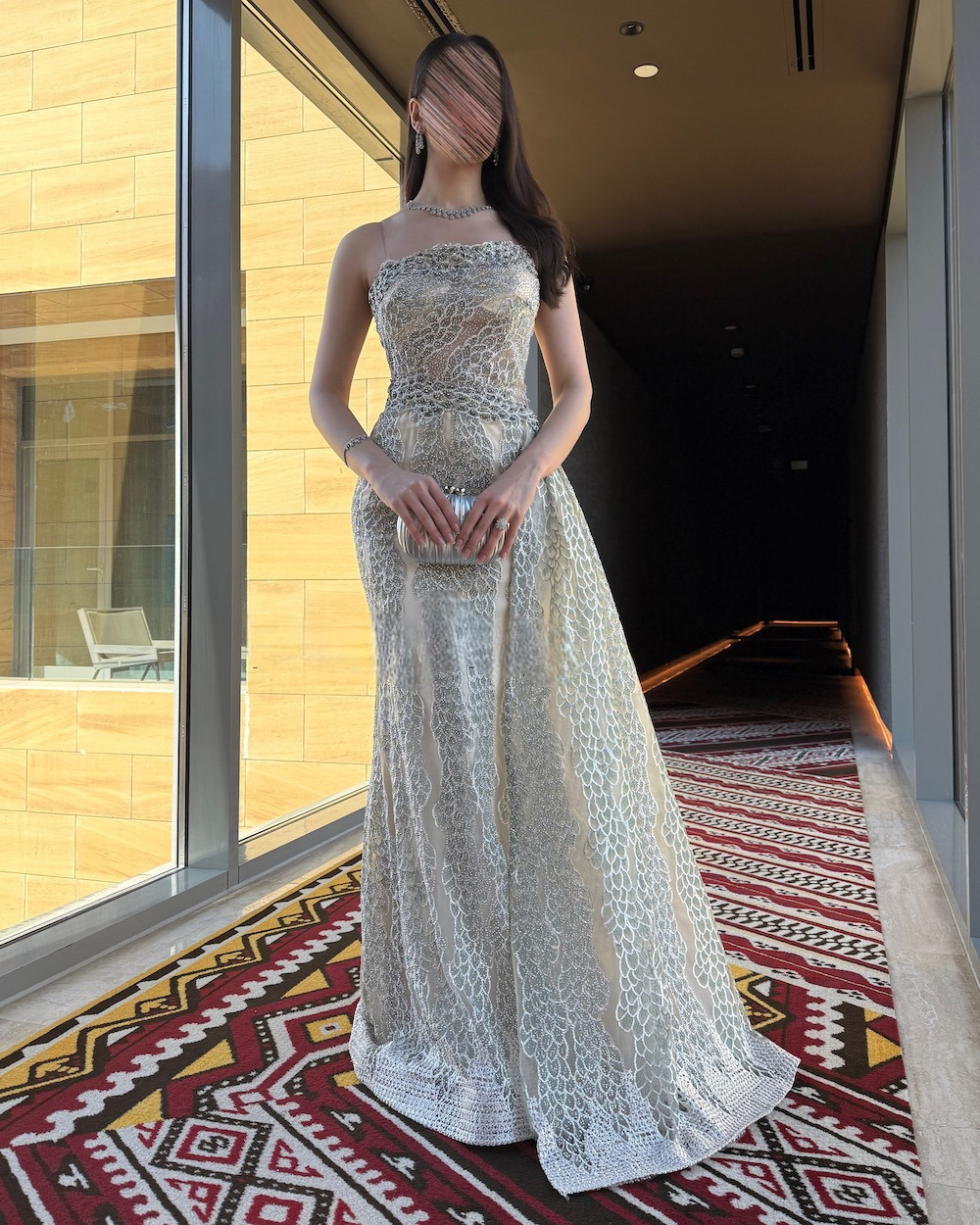 Beige evening dress with luxurious silver embroidery