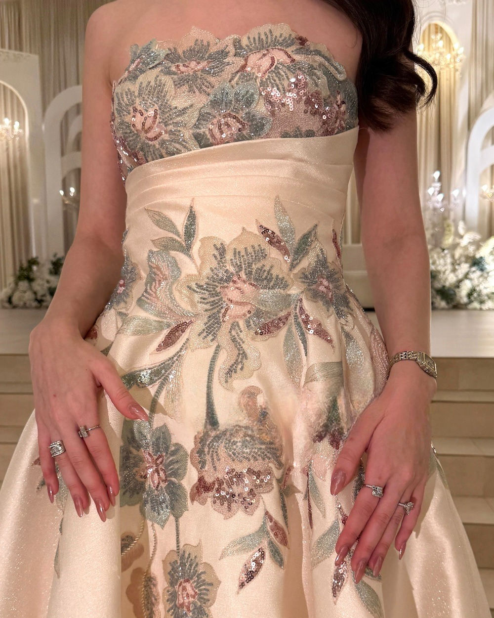Beige wide evening dress with colorful rose embroidery