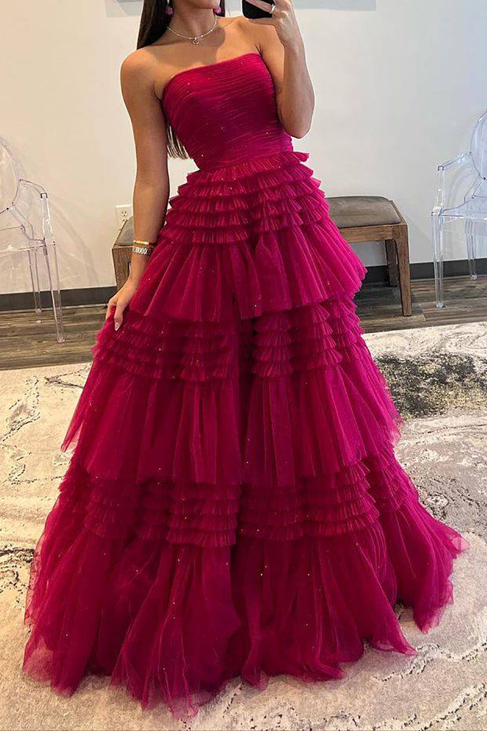 A Line Strapless Long Prom Dress with Ruffles