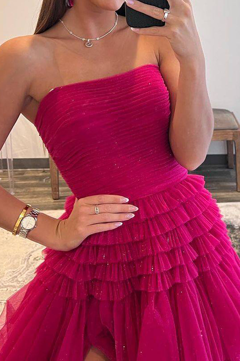 A Line Strapless Long Prom Dress with Ruffles