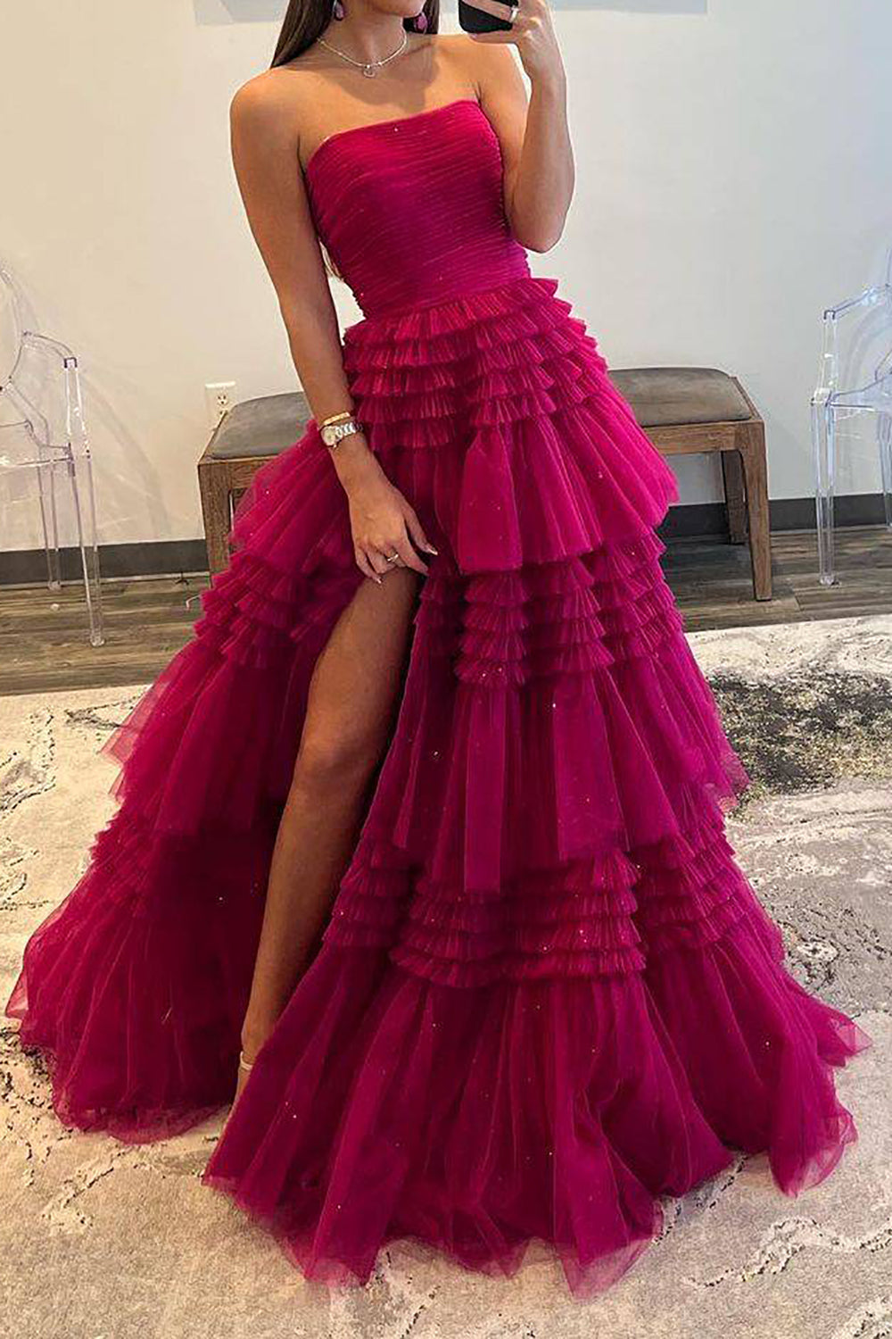 A Line Strapless Long Prom Dress with Ruffles