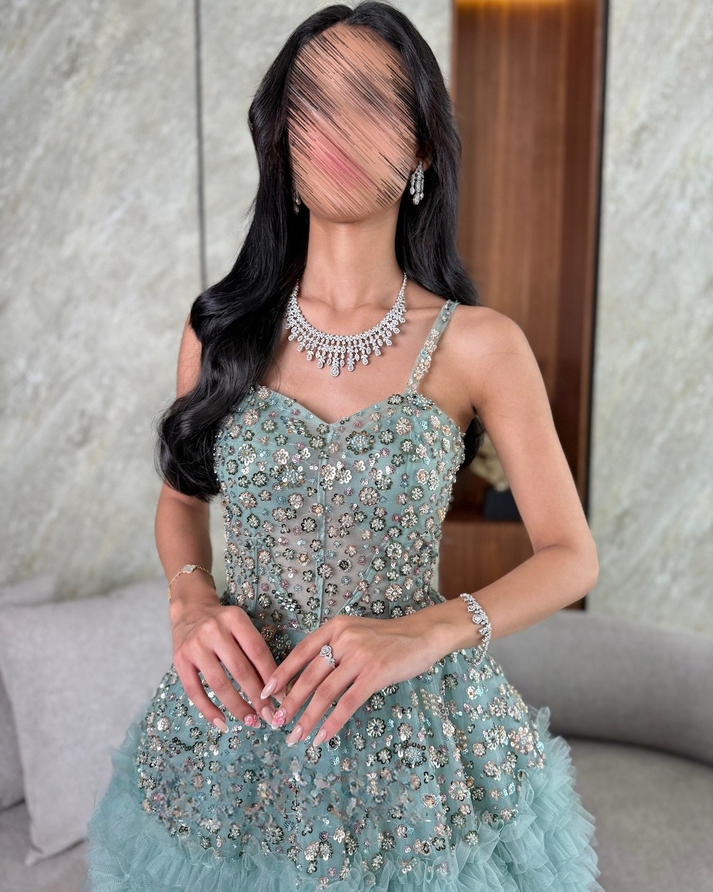 Tiffany Tulle Long Evening Dress with Shiny Sequins