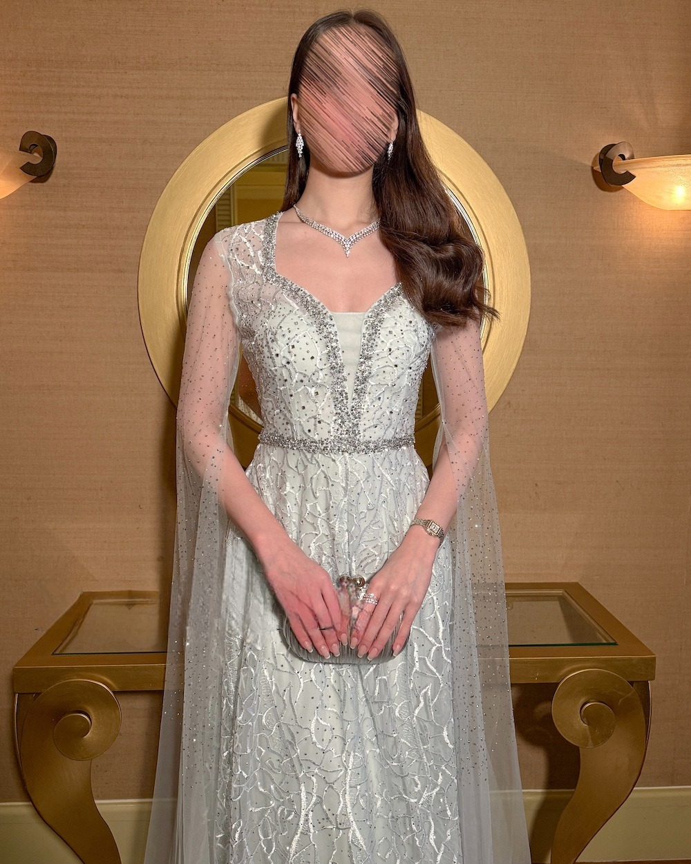 Long evening dress with sheer cape sleeves