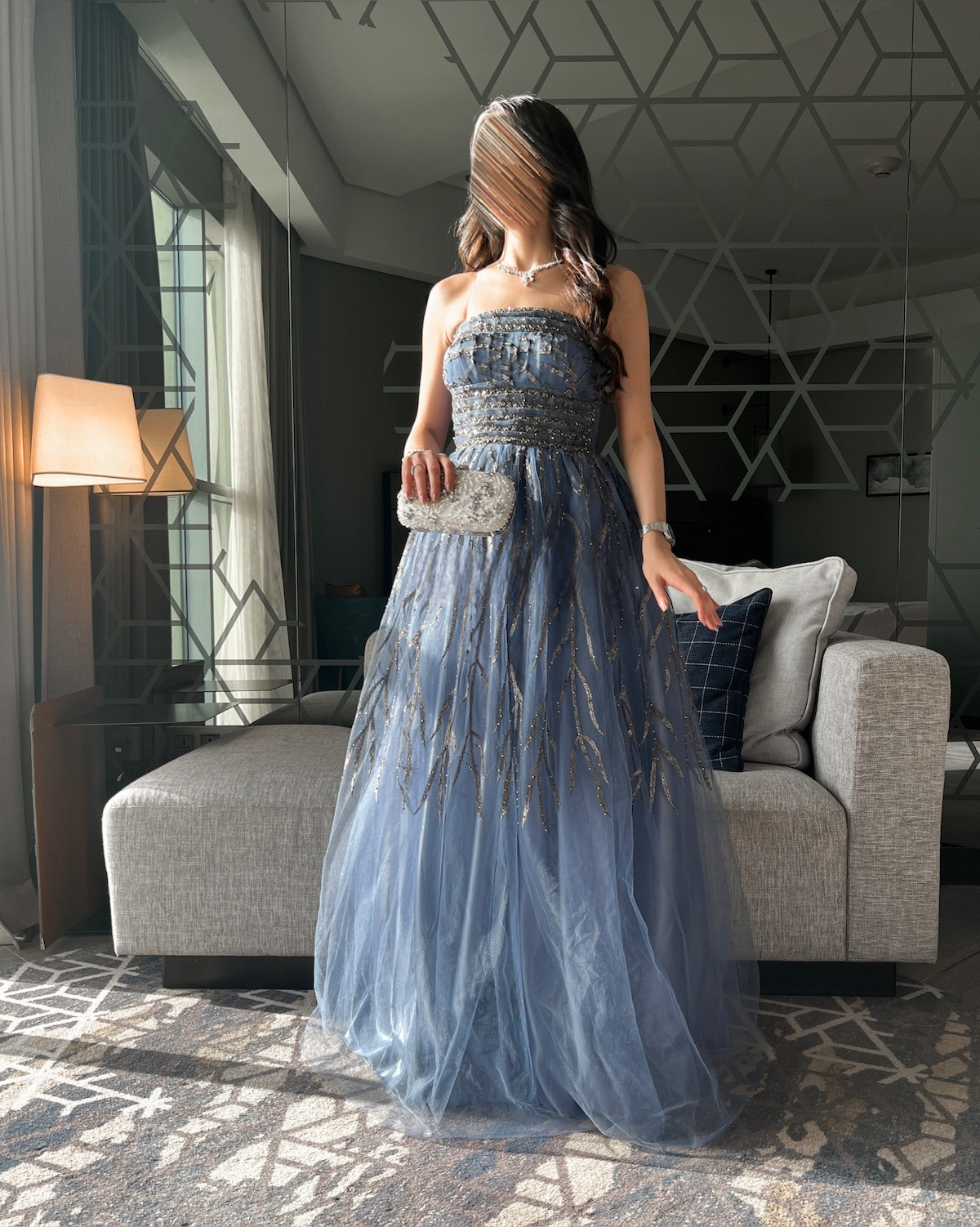 Tulle evening dress with twig embroidery