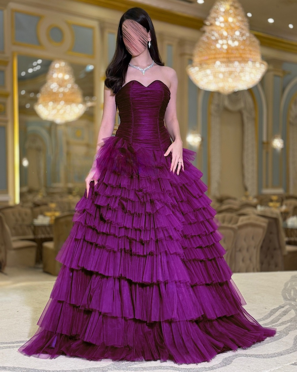 Long purple corset evening dress with tulle layers