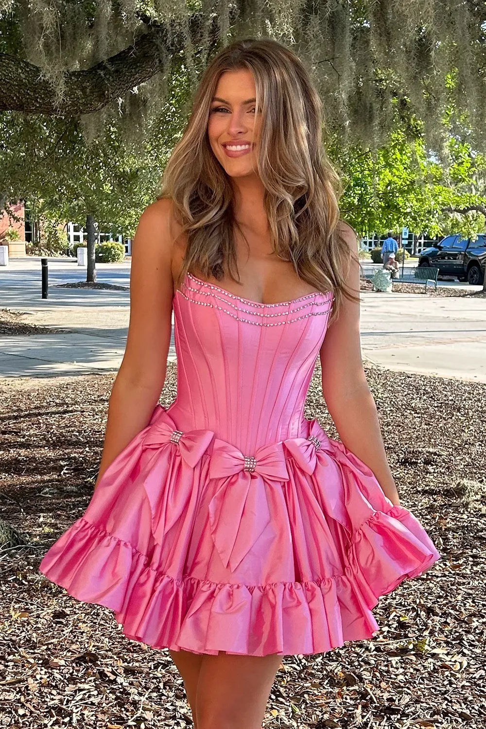 Cute Strapless Hot Pink Homecoming Dress with Beading