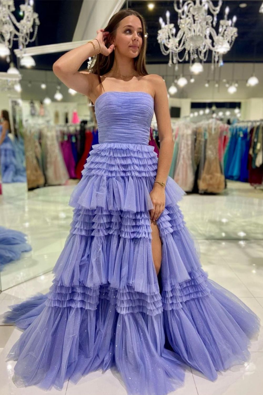 A Line Strapless Long Prom Dress with Ruffles