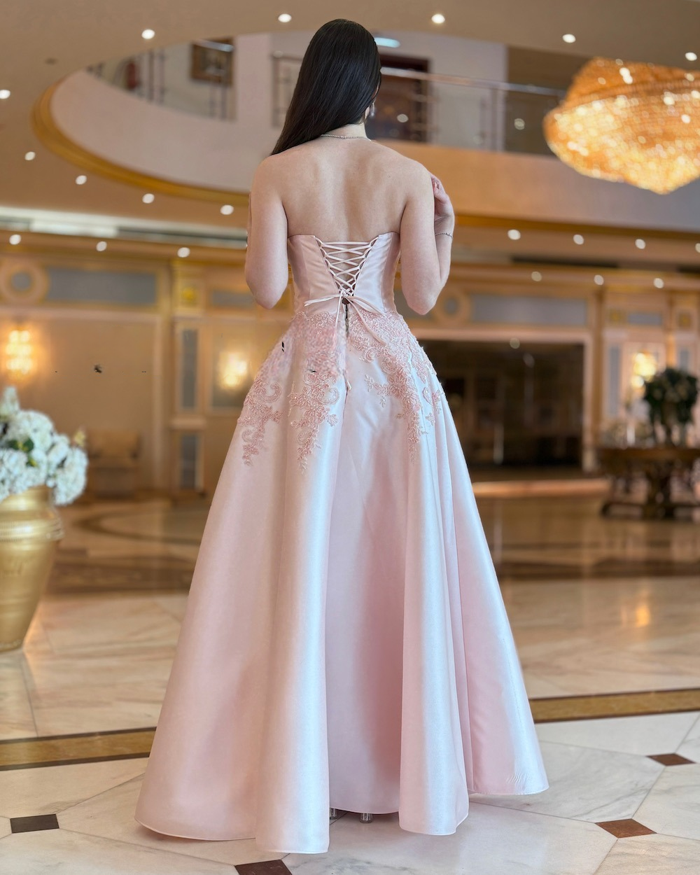 Light pink evening dress with lace details
