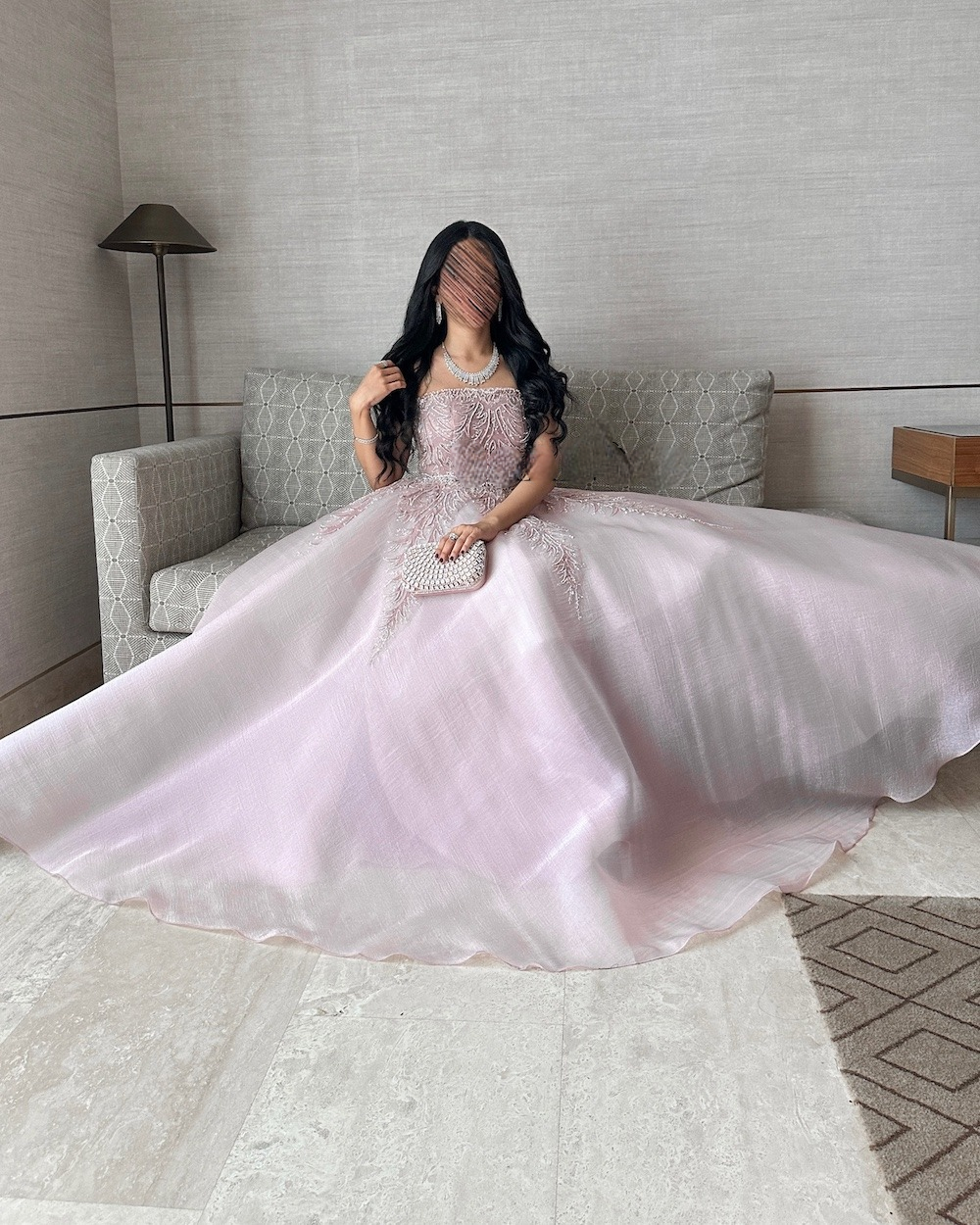 Light pink wide evening dress with leaf patterns