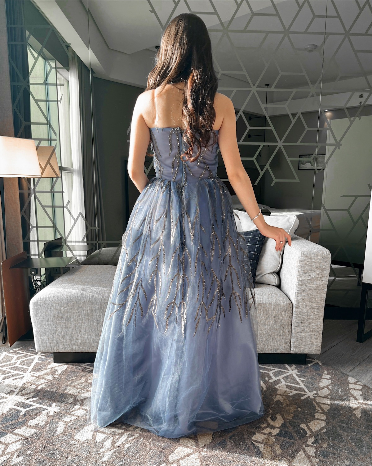 Tulle evening dress with twig embroidery