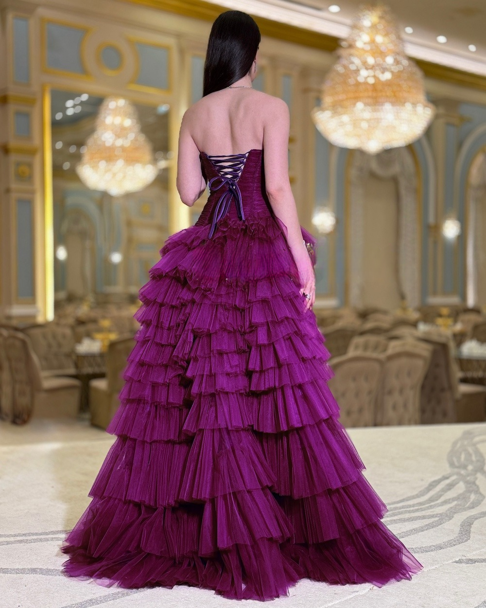 Long purple corset evening dress with tulle layers