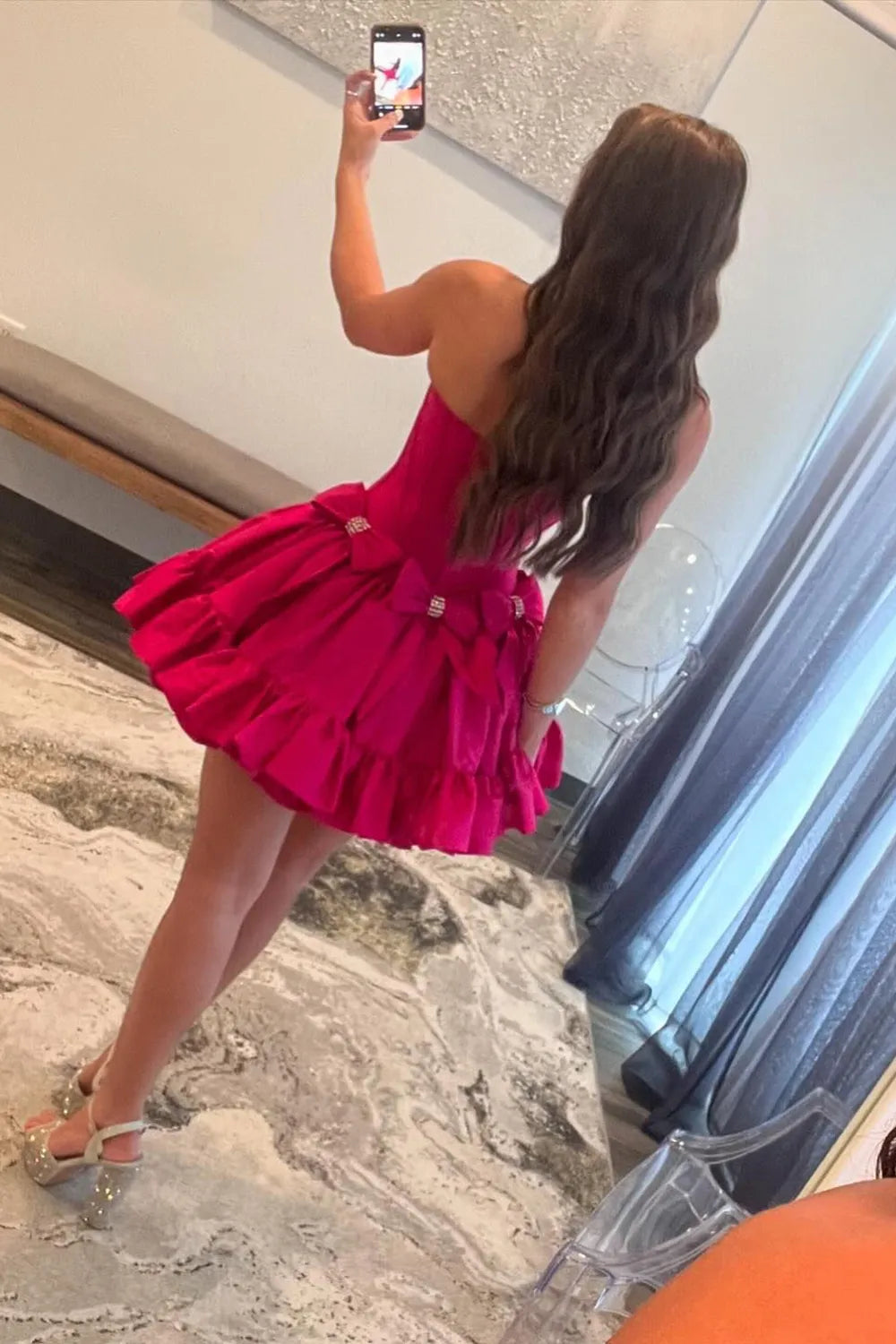 Cute Strapless Hot Pink Homecoming Dress with Beading