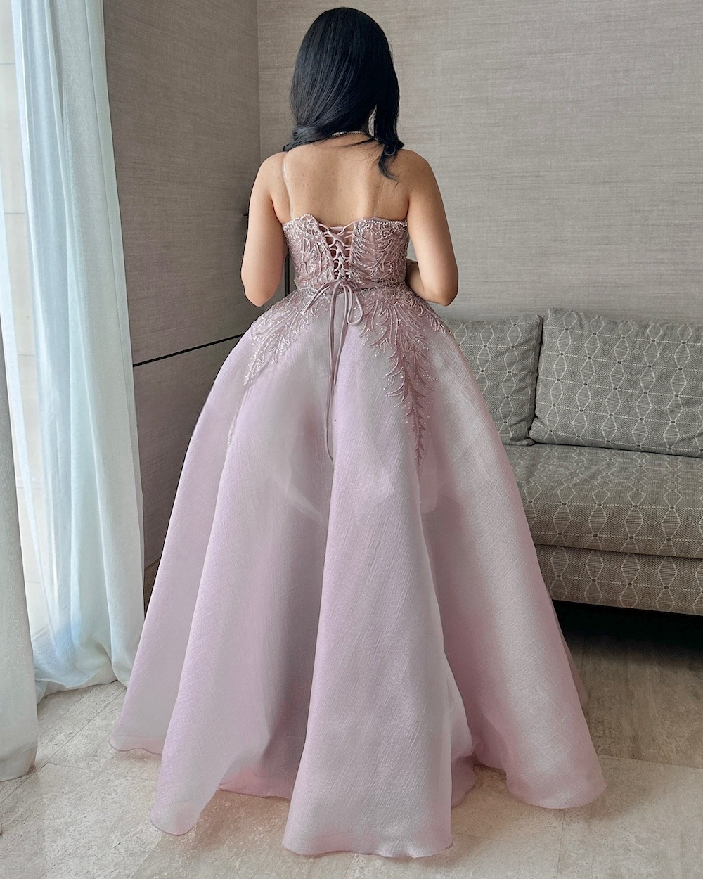 Light pink wide evening dress with leaf patterns