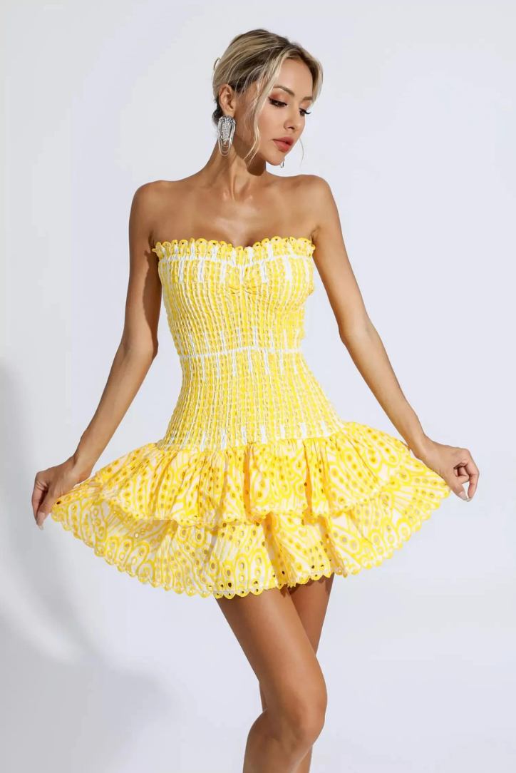 Yellow Casual Summer Strapless Ruffle Mini Dress