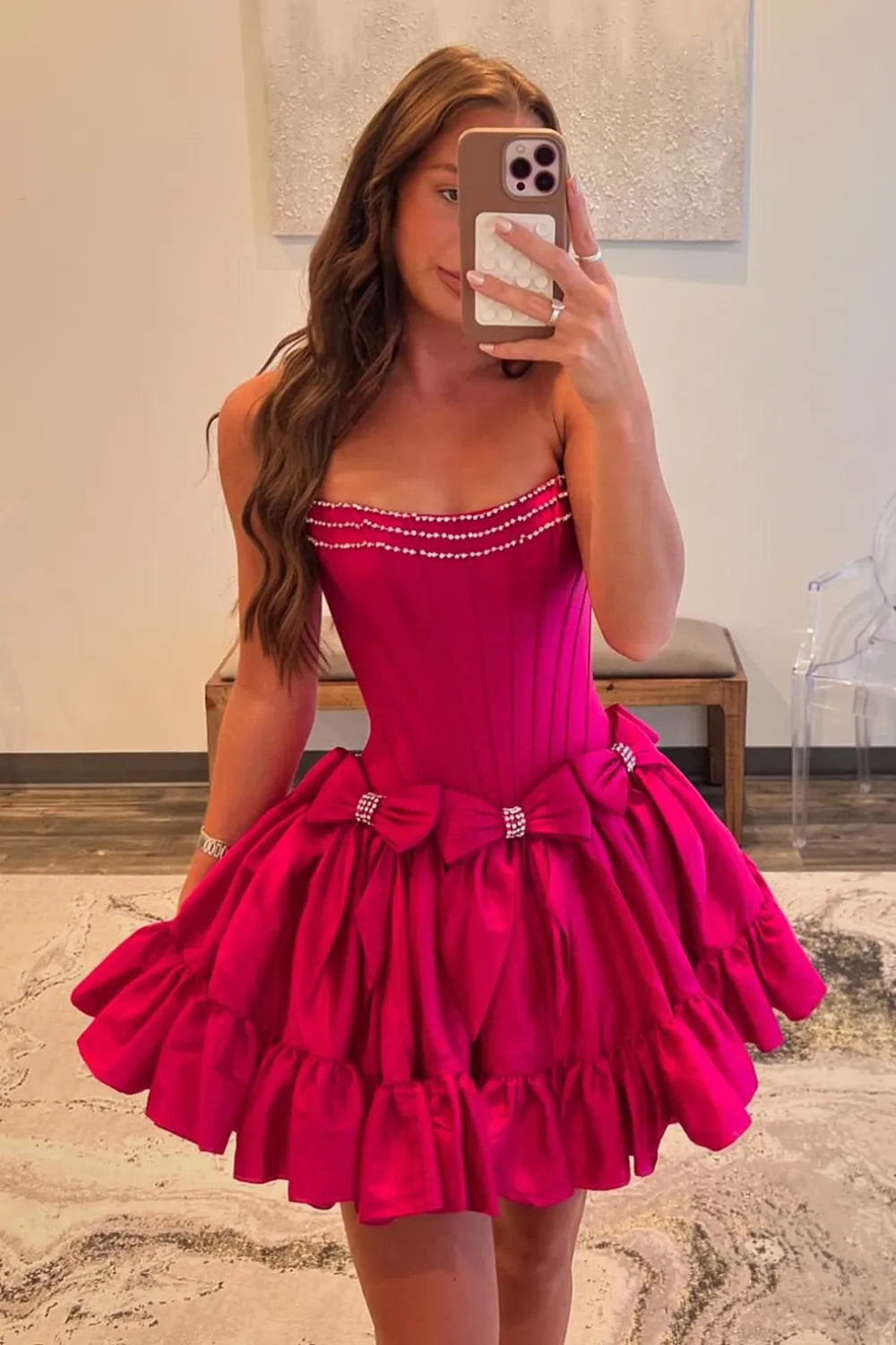 Cute Strapless Hot Pink Homecoming Dress with Beading