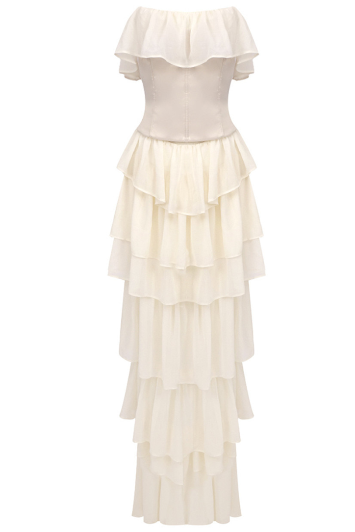 Vintage Strapless White Chiffon Long Prom Dresses