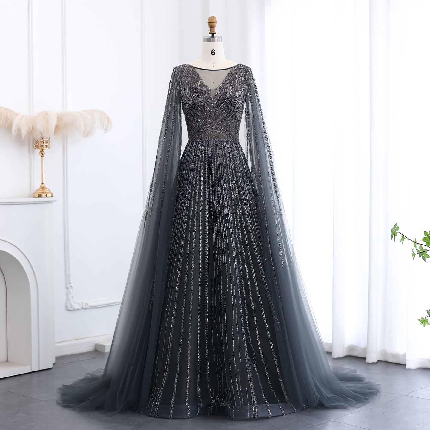 Luxury Gray Green Evening Dress with Cape Sleeves