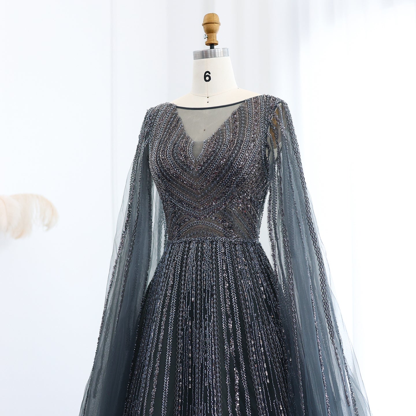 Luxury Gray Green Evening Dress with Cape Sleeves