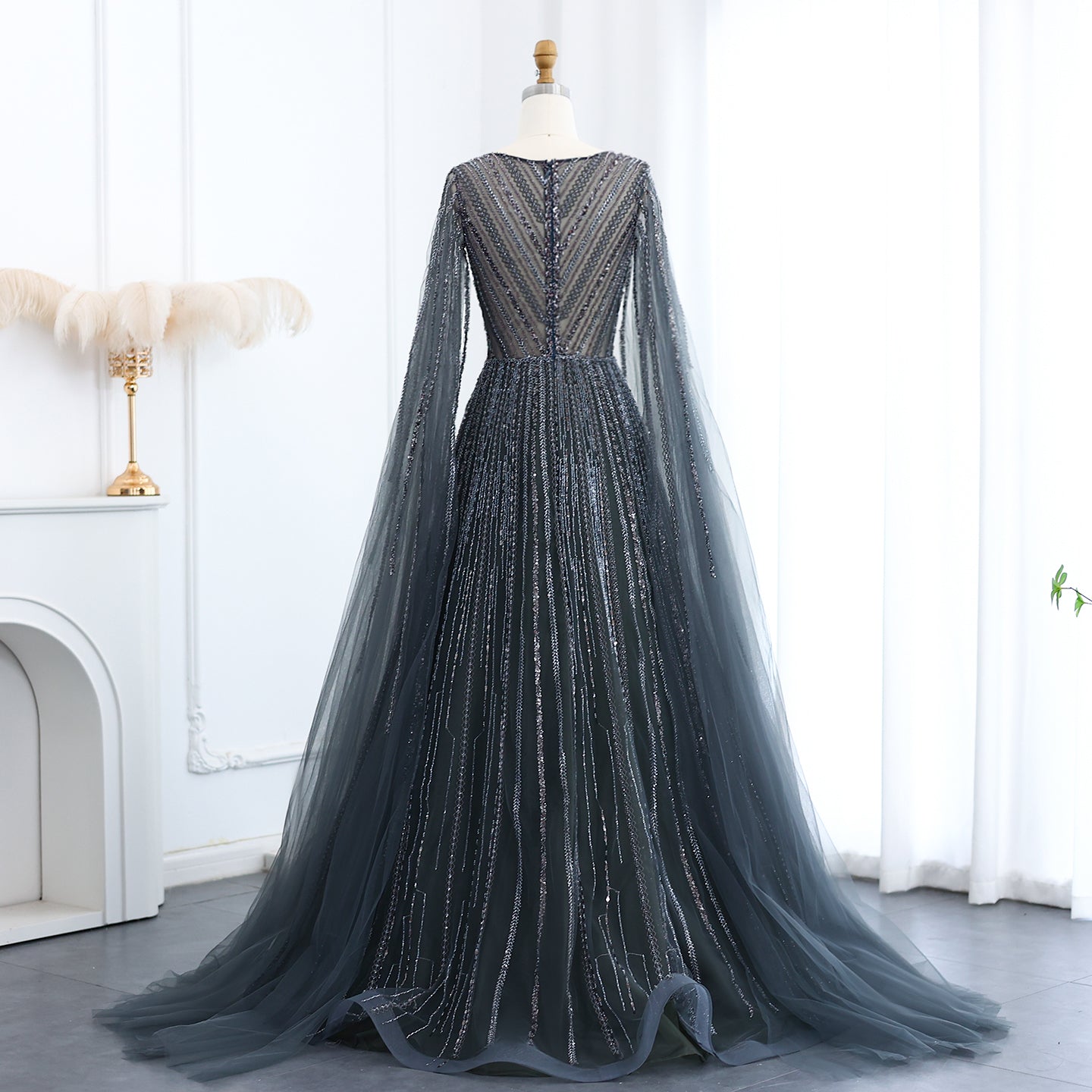 Luxury Gray Green Evening Dress with Cape Sleeves