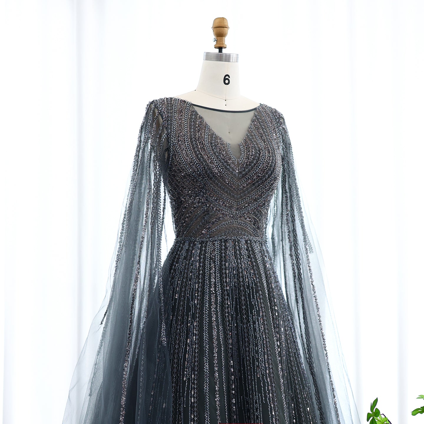 Luxury Gray Green Evening Dress with Cape Sleeves