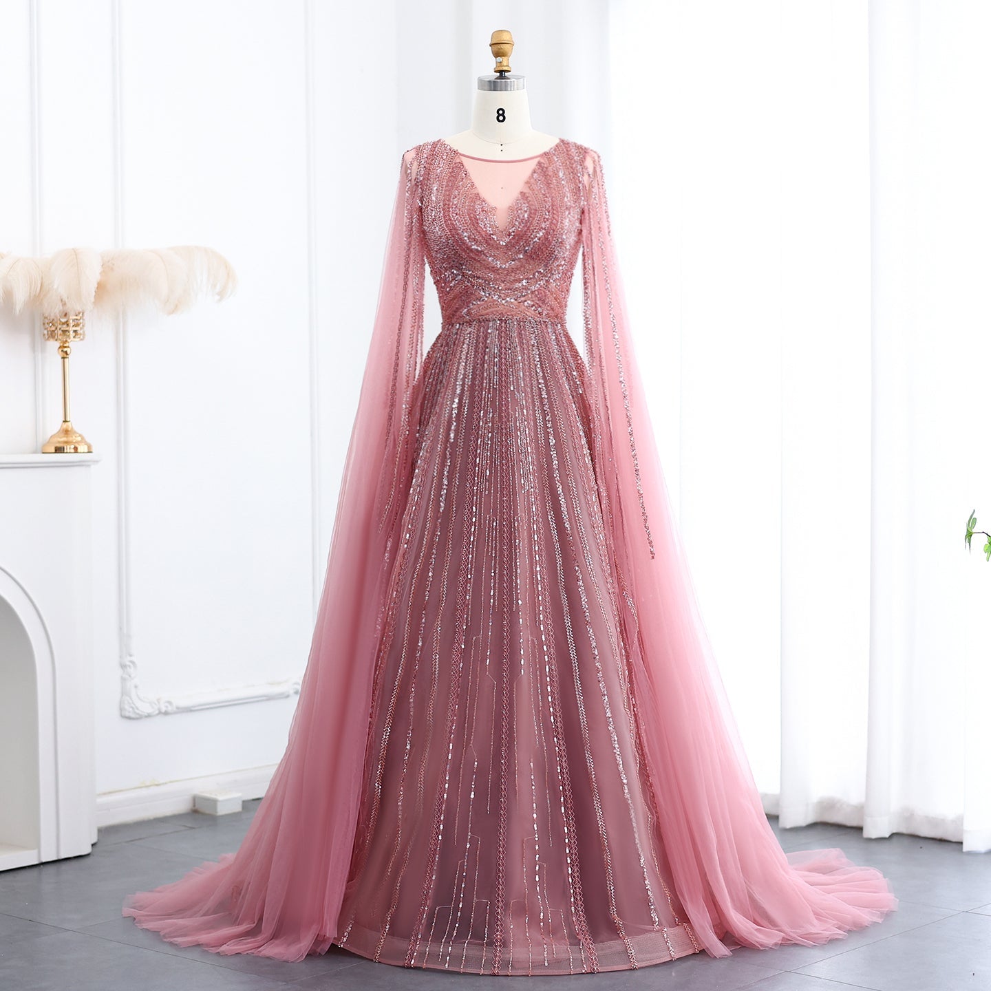 Luxury Gray Green Evening Dress with Cape Sleeves