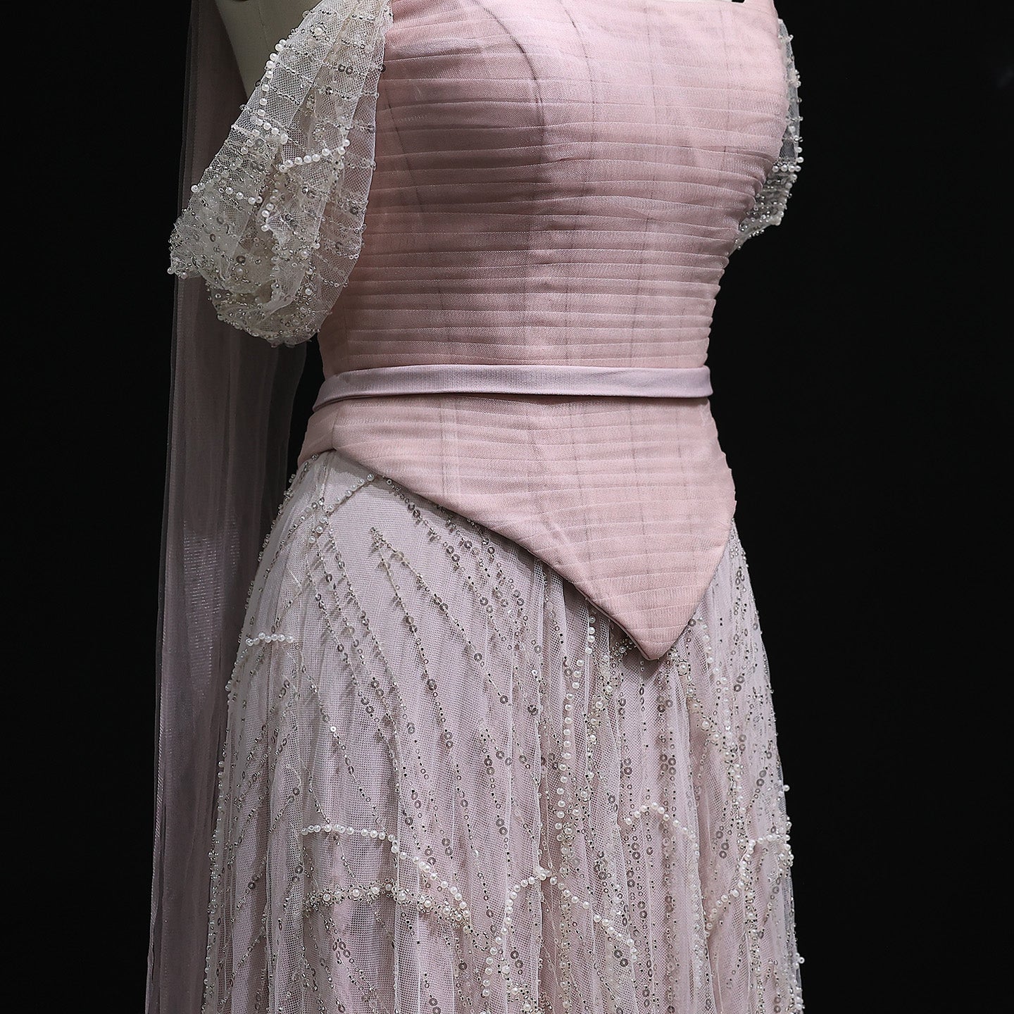 Romantic Beaded Pink Off Shoulder Evening Dress with Scarf