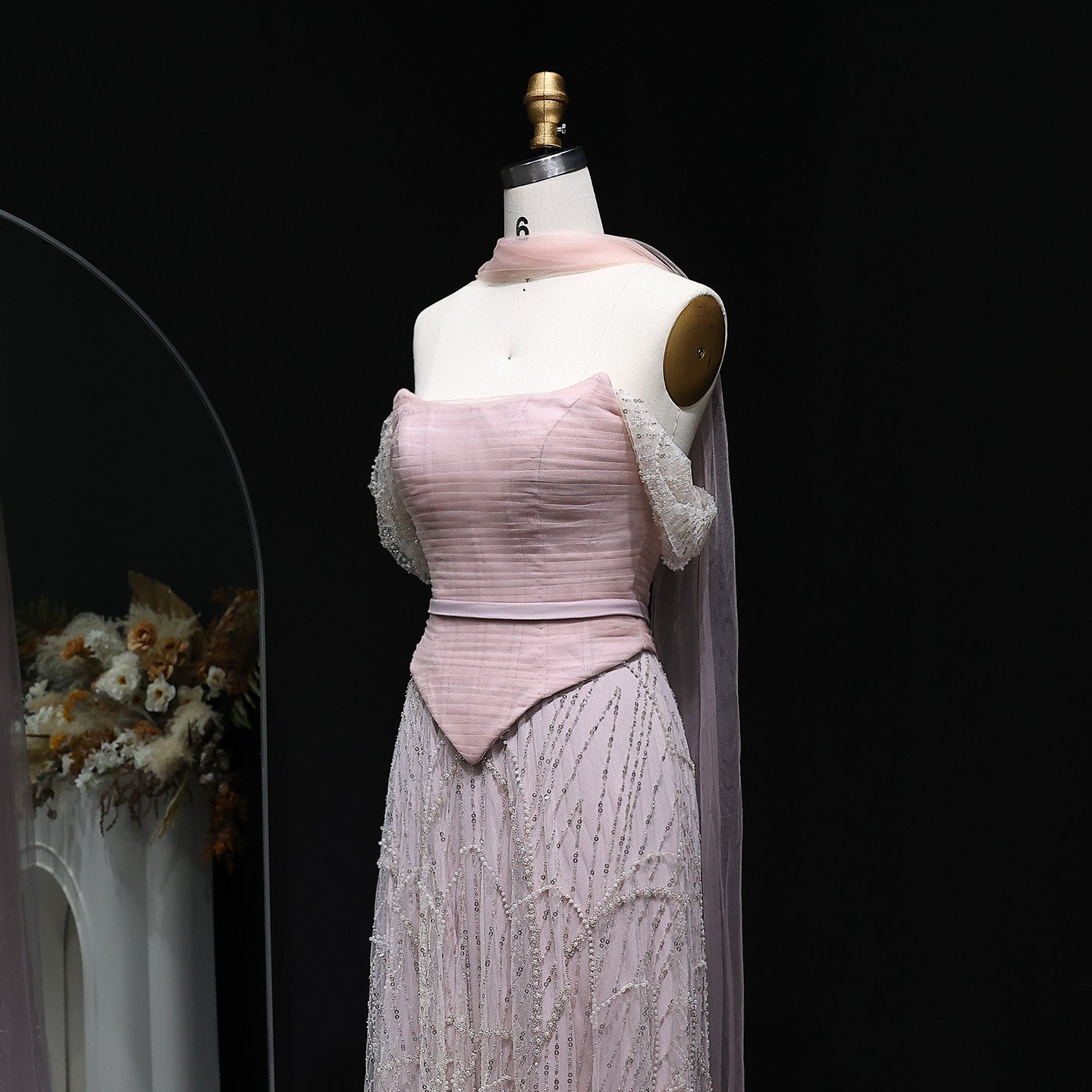 Romantic Beaded Pink Off Shoulder Evening Dress with Scarf