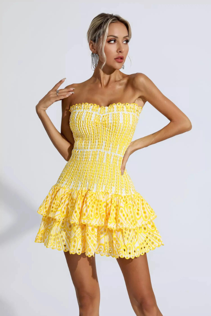 Yellow Casual Summer Strapless Ruffle Mini Dress
